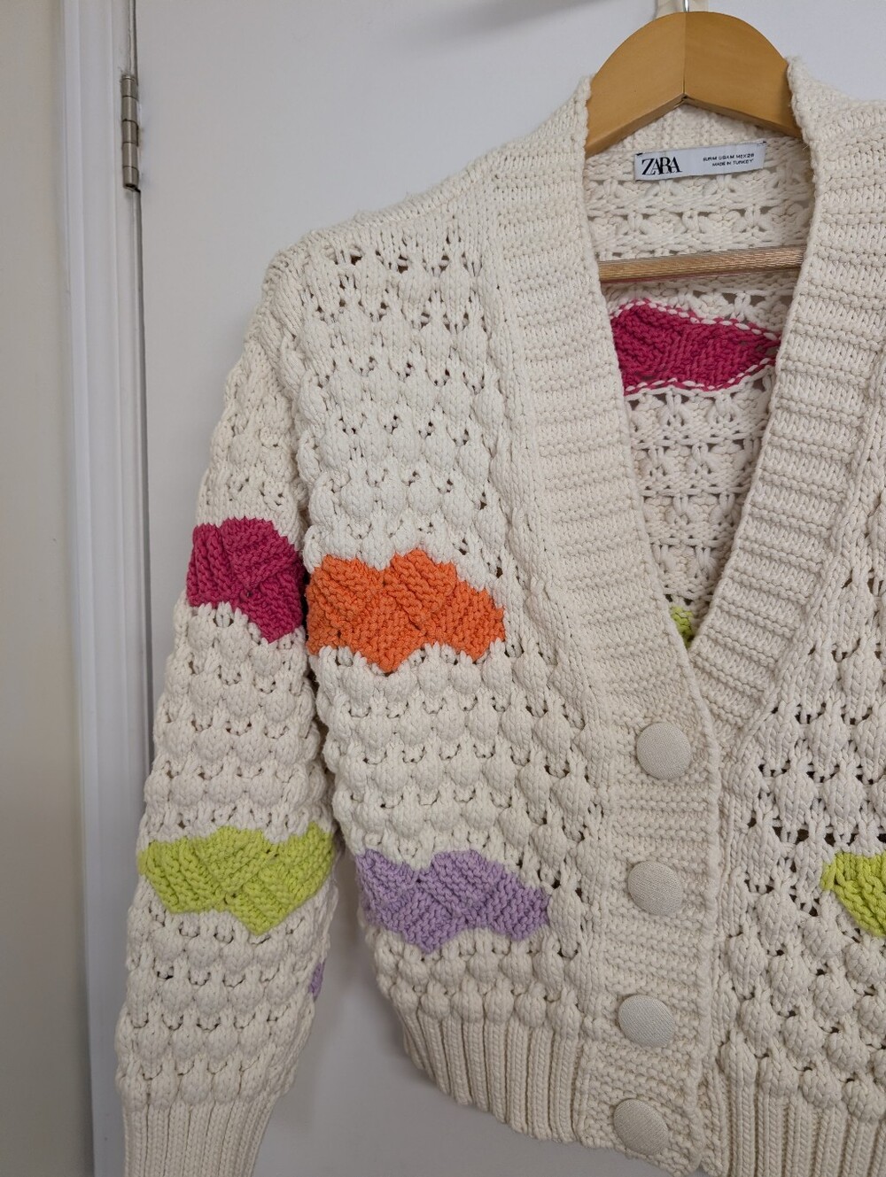 Zara Chunky Knit Colorblock Cardigan Cream Multicolor Size Medium - Picture 3 of 8